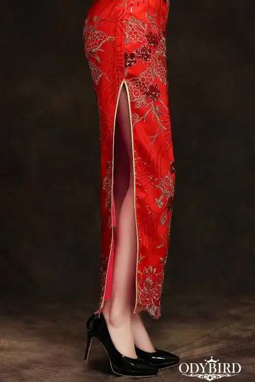 品牌2019春季新款长袖旗袍长款时尚新娘敬酒服旗袍裙走秀演出玫红色l