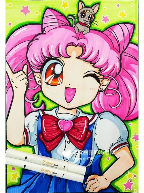 马克笔动漫人物美少女战士,代表月亮消灭你,小淑女,月野兔,小小兔,地