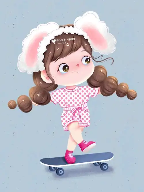 手绘卡通头像q版小女孩滑板女孩no147