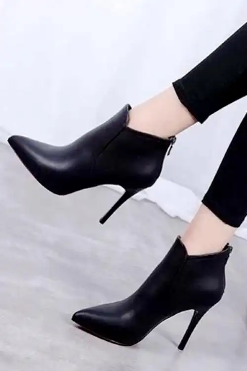 新款性感瘦瘦靴女学生尖头高跟短靴细跟高跟鞋一脚蹬百搭欧美女靴