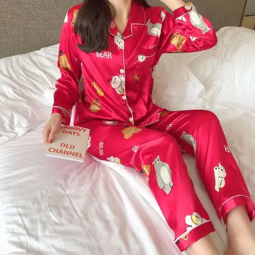 奕发春秋长袖睡衣女士仿真丝薄款丝绸可爱甜美大码宽松家居服