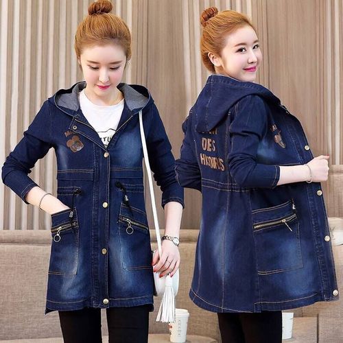 连帽大码牛仔外套女中长款2024新款早春女装外套学生显瘦牛仔上衣