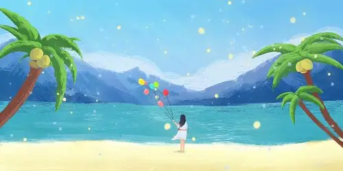 唯美梦幻手绘夏日海边女孩气球椰树风景原创插画素材