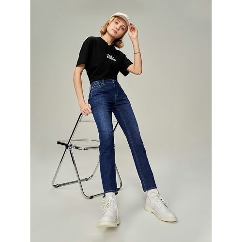 xline23春夏新品433修身凉感中蓝色女牛仔裤凉凉裤