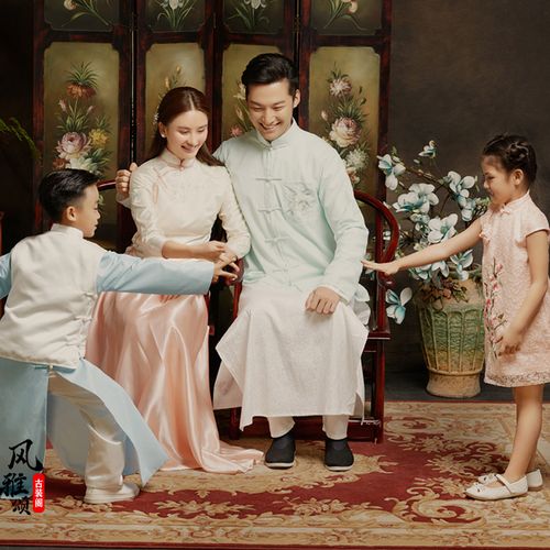 国风全家福摄影旗袍中国复古家庭服装四口亲子装民族服装