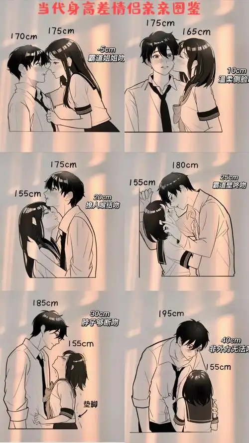 有的身高差情侣的身高差比较小,可以轻松地亲吻;有的身高差情侣的身高