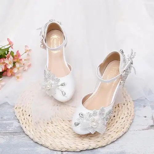 法式水钻珍珠包头女儿童凉鞋一字式高跟舞蹈生日公主中大童女鞋夏