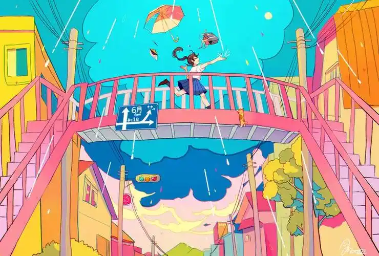 站在人行天桥上的风景插画