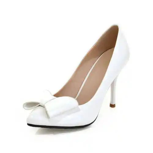 性感蝴蝶结尖头高跟鞋 韩版细跟漆皮单鞋 白色 35