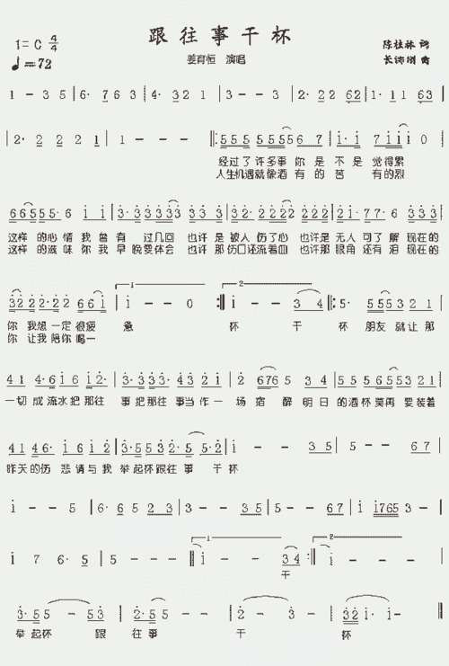 跟往事干杯_歌谱简谱_哆来咪123曲谱网