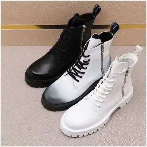 白色靴子男款真皮马丁靴中筒厚底拉链机车鞋休闲帅气炸街网红短靴