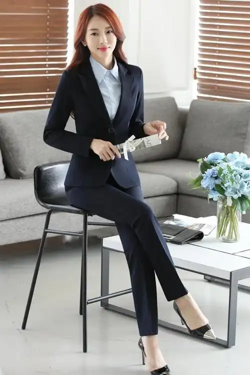 加大码职业装女装套装秋冬长袖二粒扣西服女士正装长裤工作服胖.