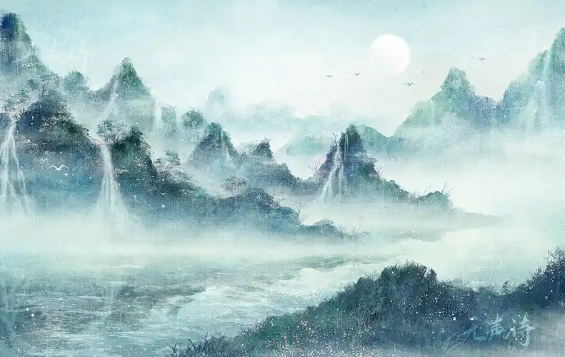 古风场景插画——山水水墨两张