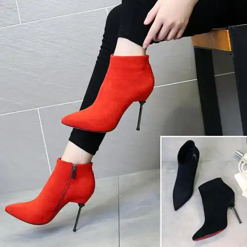2017冬季新款性感绒面红色高跟鞋结婚尖头细跟裸靴女秋超高跟短靴图片