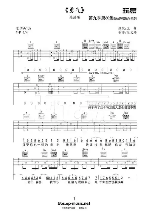 勇气吉他谱_梁静茹_e调指法吉他弹唱谱-看乐谱网