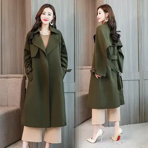 百搭修身时尚女士年秋季气质翻领中长款风衣女纯色长袖大袖口