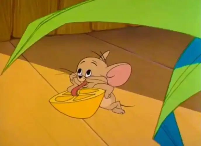 这个啜柠檬的动作恶搞的是《猫和老鼠》中 杰瑞 的动作.出