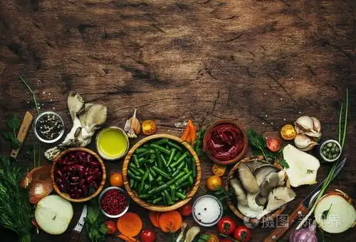 健康的食物概念. 乡村木桌背景顶部视图. 复制空间