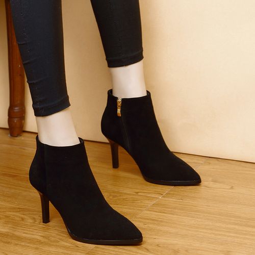 裸靴女2020新款秋冬季小跟高跟短靴春秋款尖头单靴细跟磨砂真皮鞋