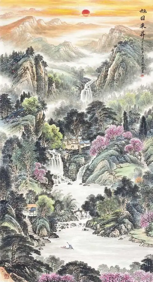 吉祥高照精品鄢国鸿《旭日东升》彩墨山水_96x180cm,约16平尺_聚宝盆