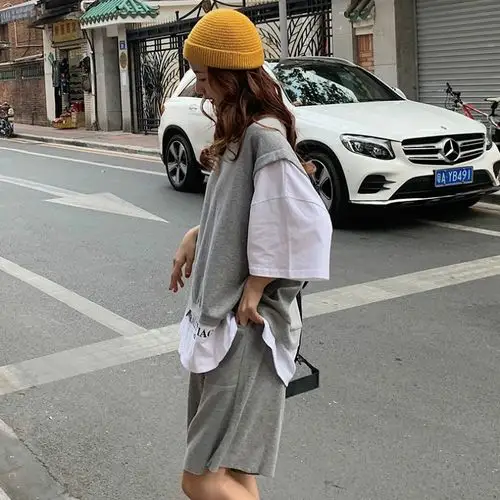 短衣短裤套装适合微胖女人穿的衣服显瘦春夏季韩版原宿bf慵懒风宽松