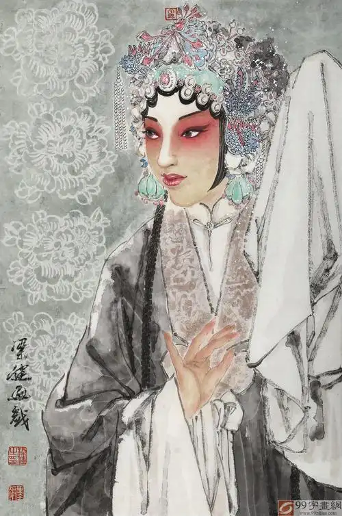 梁健戏曲花旦人物画《国色天香》 - 仕女图 - 99字画网