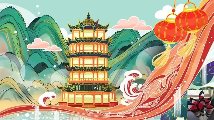 中国风国潮古建筑地标城市古风建筑阁楼印象地标手绘插画psd素材