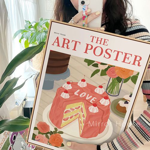 有框北欧ins风艺术海报摆画可爱少女插画风装饰画温馨粉色系挂画