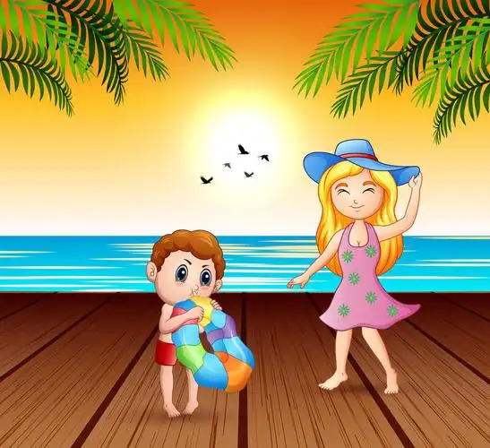 母亲和儿子在海边矢量玩得很开心