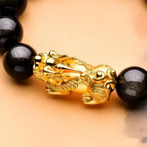 蒂蔻貔貅黄金手链男士款足金黑曜石路路通手串3d硬金饰品生日礼物送