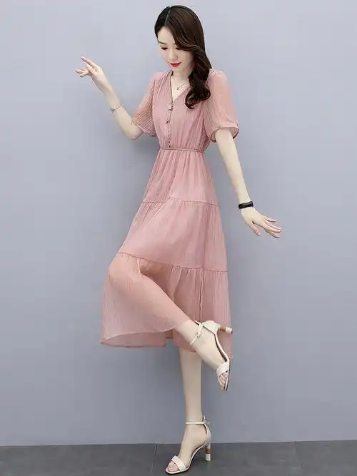 纯色雪纺气质连衣裙女神范夏装2021年新款女装时尚夏天显瘦长裙子