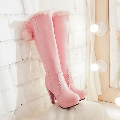 韩国公主甜美粉色花边可爱毛毛球高筒靴超高
