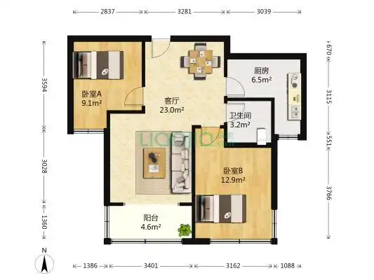 海怡湾畔 2室1厅1卫 80平方卧室a9.13平米无未知窗户类型卧室b12.