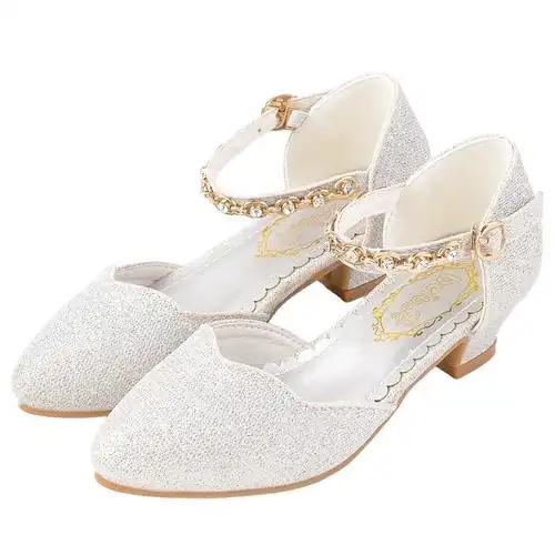 女孩子舞台水晶鞋儿童高跟鞋银色学生模特走秀演出皮鞋女童公主鞋