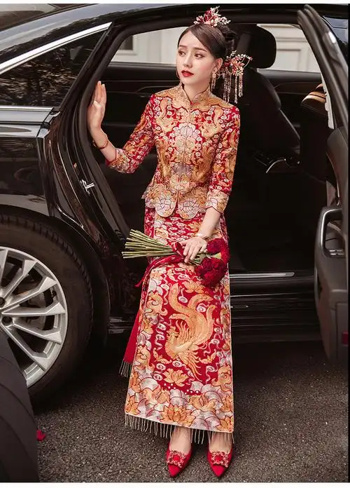 唐装结婚礼服新娘秀禾服新娘2022年新款敬酒服嫁衣中式婚纱显瘦大五福