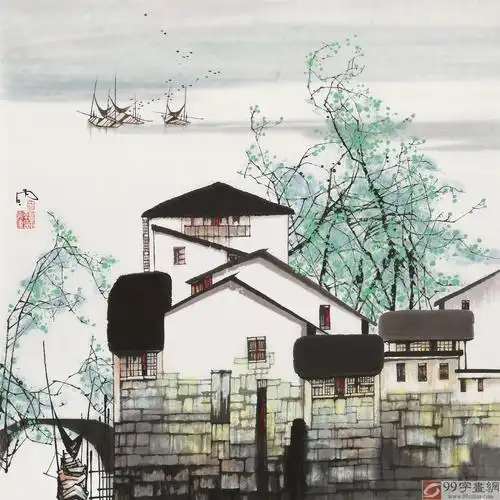 苗雨 四尺斗方江南山水画《水乡春韵》 - 写意山水画 - 99字画网