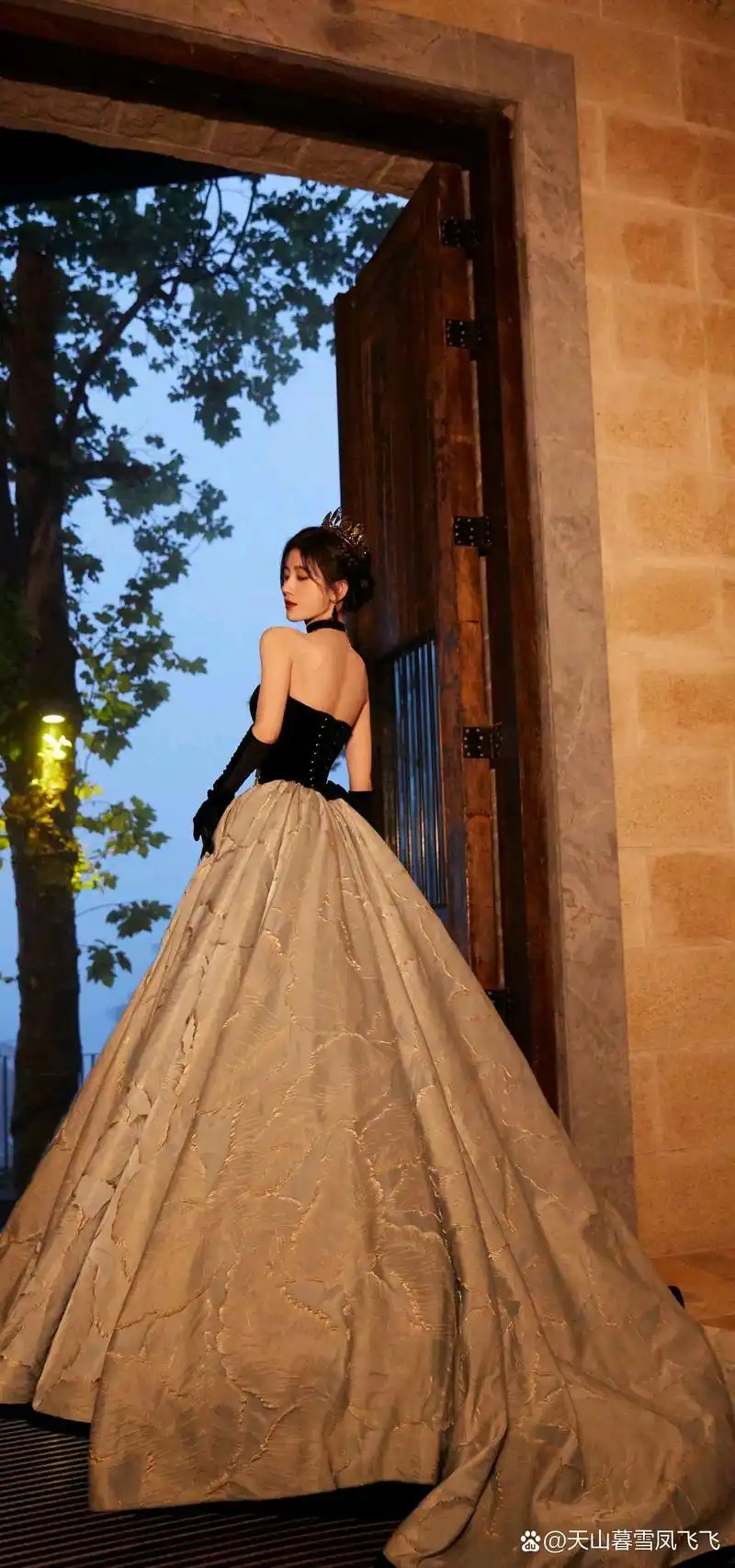 鞠婧祎身穿黑色低胸长裙,高贵又神秘,头戴皇冠,犹如女王降临.