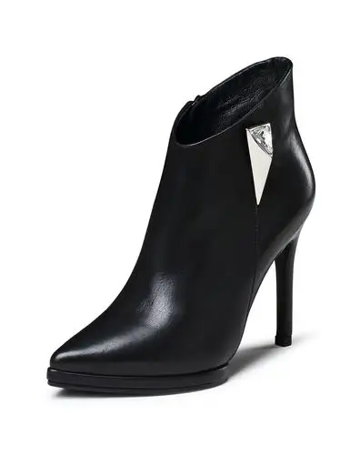 新款黑色牛皮深口高跟短靴