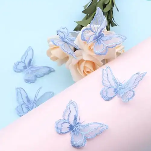 蓝色刺绣蕾丝布贴蝴蝶图案时尚米魁衣服补破洞装饰贴布绣补丁贴花小号