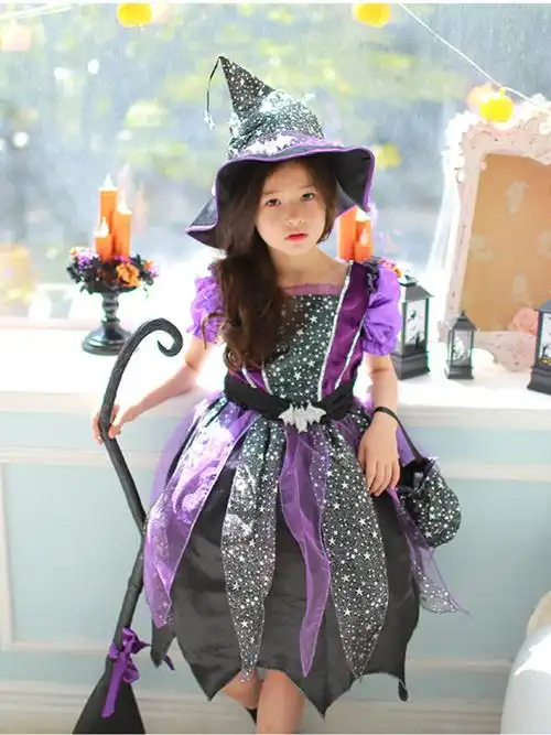 表演女巫万圣节儿童蝙蝠女童巫婆装扮紫色韩国儿童礼服