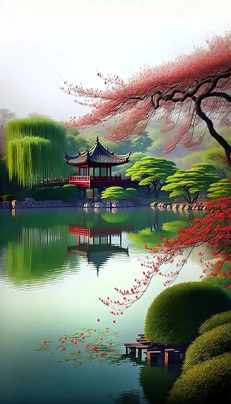 西湖美景.江南杭州西湖,春景,柳树,湖中冥想亭,弯弯曲曲的长 - 抖音