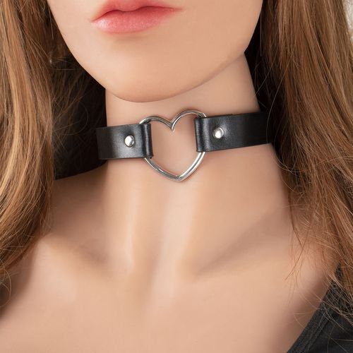 网红爱心项圈日系软妹黑色皮质镂空桃心颈带锁骨链项链腿环饰品