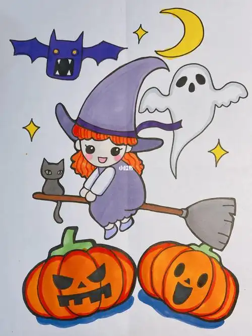 万圣节女巫儿童画卡通小魔女南瓜简笔画