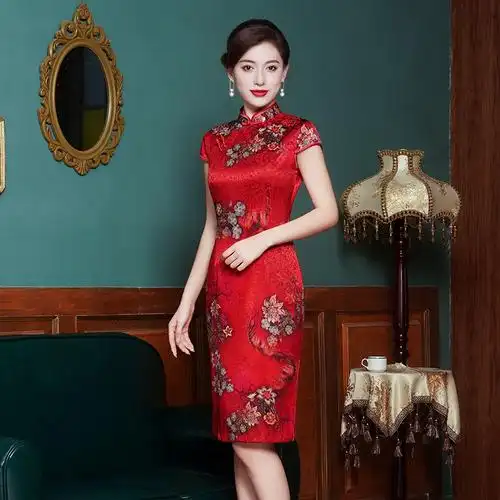 深衣霓尚2022年真丝旗袍红色妈妈装宴会婚宴桑蚕丝礼服连衣裙中款