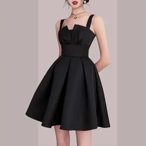 法式黑色晚礼服吊带短款宴会年会生日派对名媛礼服