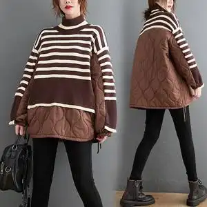 2021冬新款针织拼接条纹高领衣外套中长款上衣衣服图片