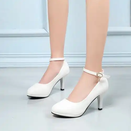 白色高跟鞋系带一字扣圆头职业中跟女鞋防水台软面走秀模特鞋婚鞋