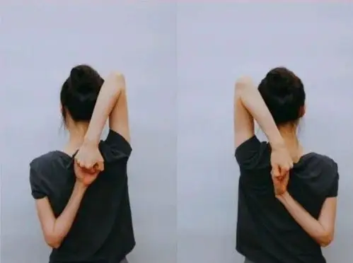 第四个动作,经典拉伸斜方肌的动作,把双手一上一下的放後面互扣,保持