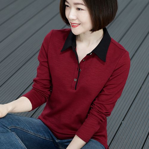 大码宽松竹节棉长袖t恤女带领翻领纯棉打底衫秋衣外穿polo衫上衣