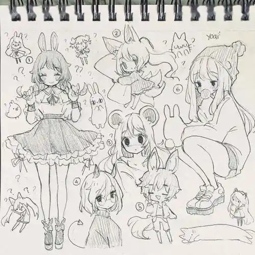 手绘线描手稿素材可爱动漫人物铅笔稿